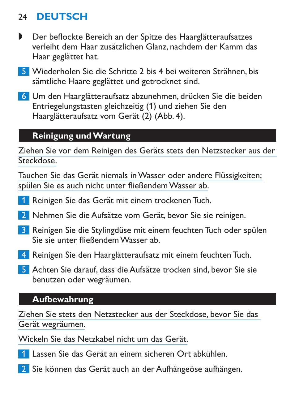 Reinigung und wartung, Aufbewahrung | Philips SalonDry 'n Straight Sèche-cheveux User Manual | Page 24 / 104