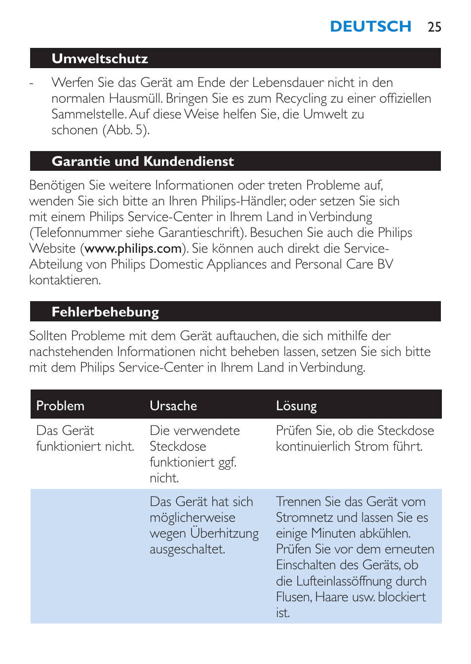 Umweltschutz, Garantie und kundendienst, Fehlerbehebung | Philips SalonDry 'n Straight Sèche-cheveux User Manual | Page 25 / 104