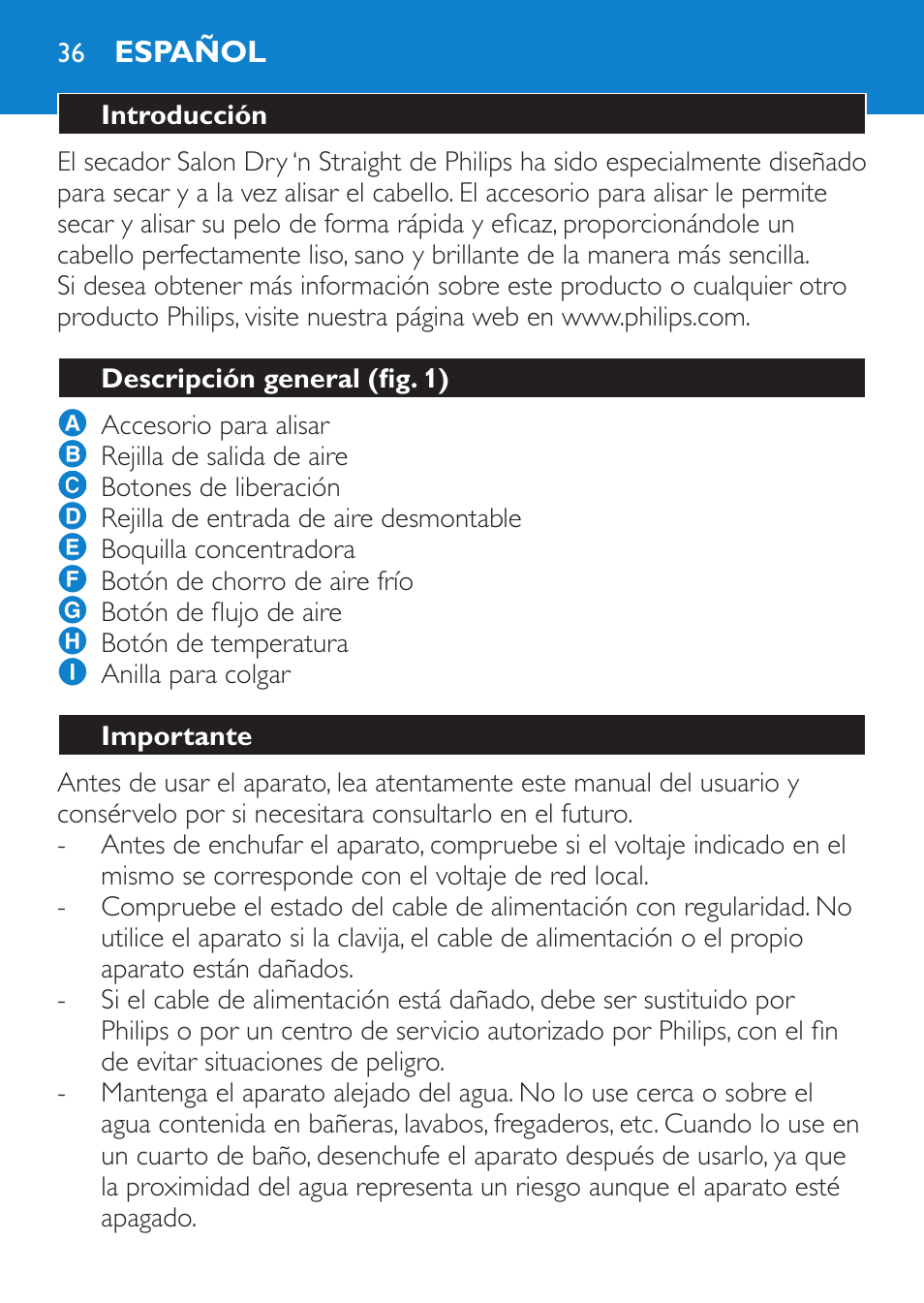 Español, Introducción, Descripción general (fig. 1) | Importante | Philips SalonDry 'n Straight Sèche-cheveux User Manual | Page 36 / 104