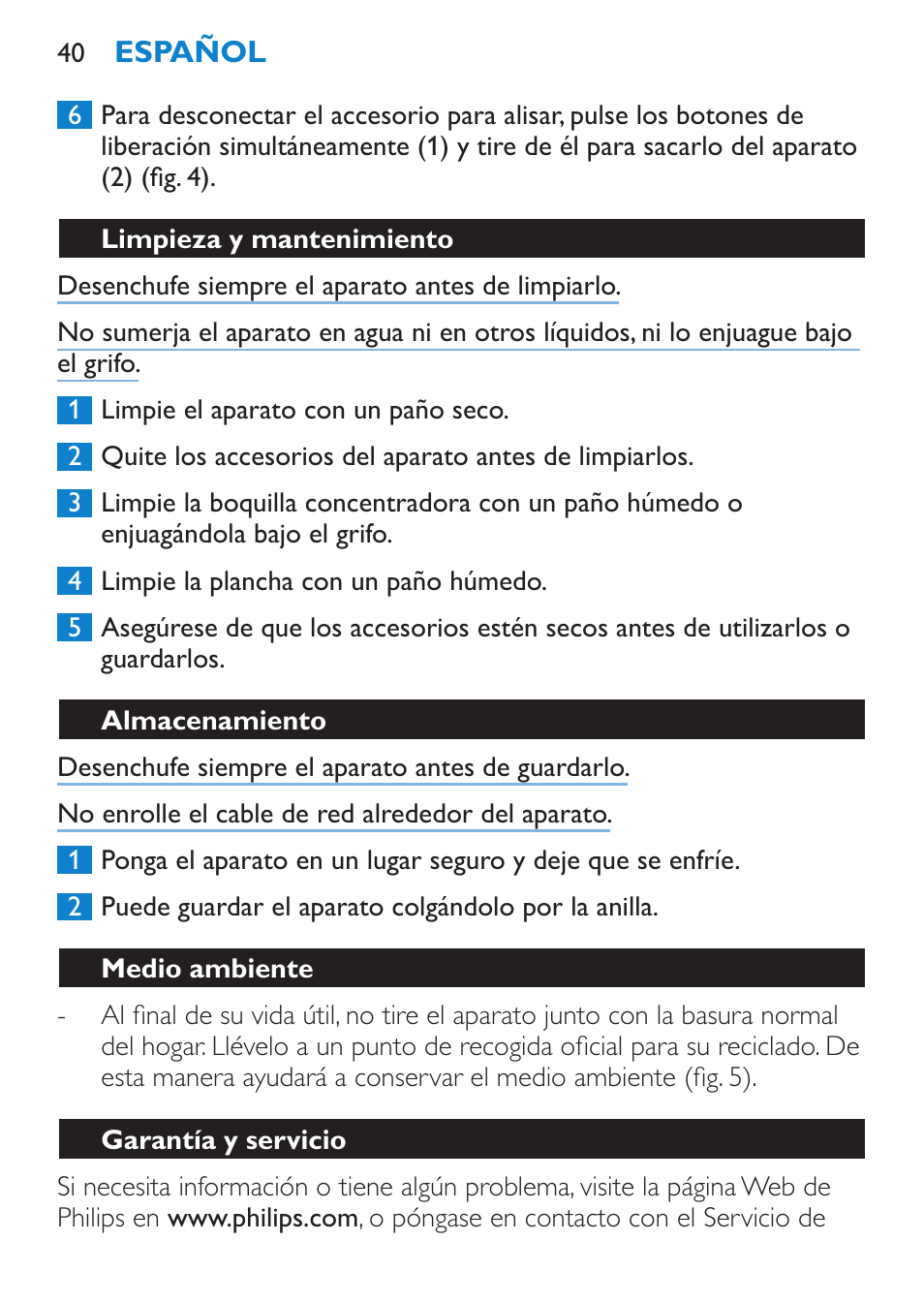 Limpieza y mantenimiento, Almacenamiento, Medio ambiente | Garantía y servicio | Philips SalonDry 'n Straight Sèche-cheveux User Manual | Page 40 / 104