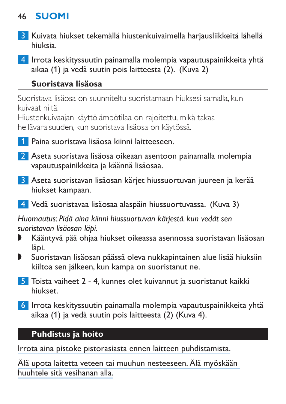 Suoristava lisäosa, Puhdistus ja hoito | Philips SalonDry 'n Straight Sèche-cheveux User Manual | Page 46 / 104