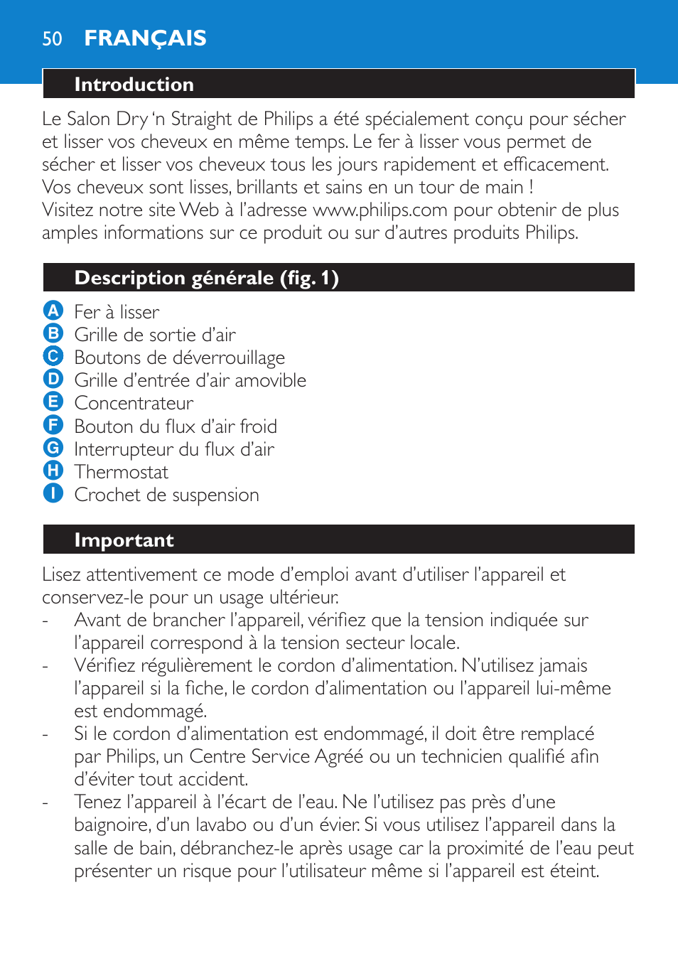 Français, Introduction, Description générale (fig. 1) | Important | Philips SalonDry 'n Straight Sèche-cheveux User Manual | Page 50 / 104