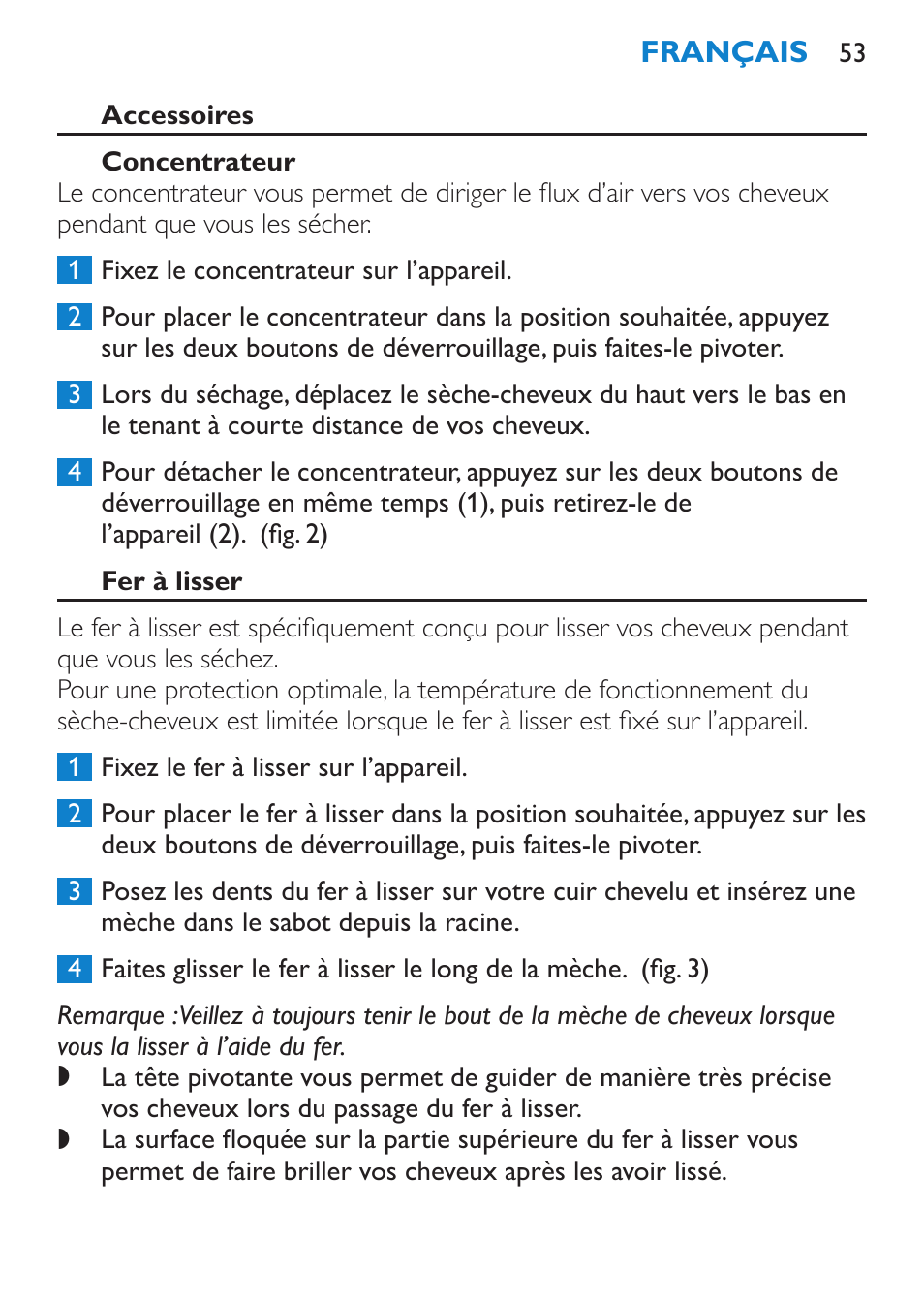 Accessoires, Concentrateur, Fer à lisser | Philips SalonDry 'n Straight Sèche-cheveux User Manual | Page 53 / 104