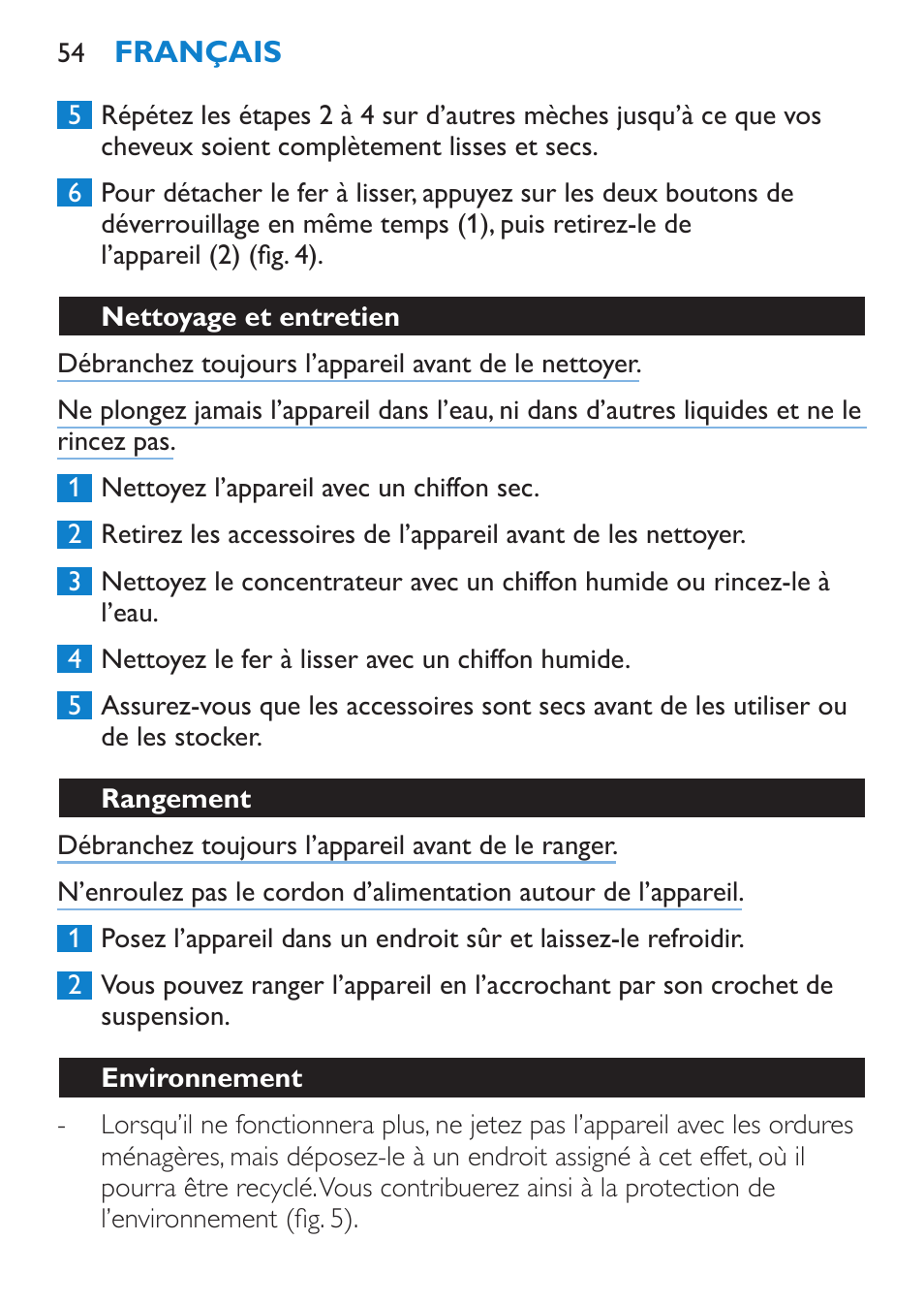 Nettoyage et entretien, Rangement, Environnement | Philips SalonDry 'n Straight Sèche-cheveux User Manual | Page 54 / 104