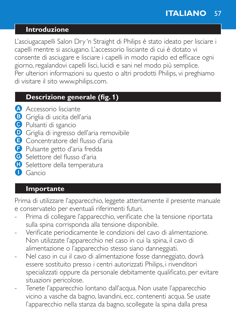 Italiano, Introduzione, Descrizione generale (fig. 1) | Importante | Philips SalonDry 'n Straight Sèche-cheveux User Manual | Page 57 / 104
