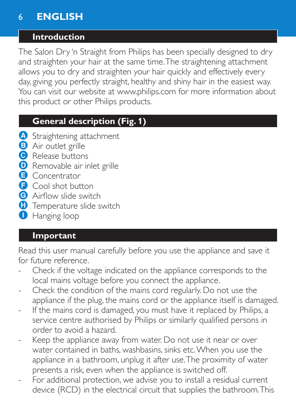 English, Introduction, General description (fig. 1) | Important | Philips SalonDry 'n Straight Sèche-cheveux User Manual | Page 6 / 104