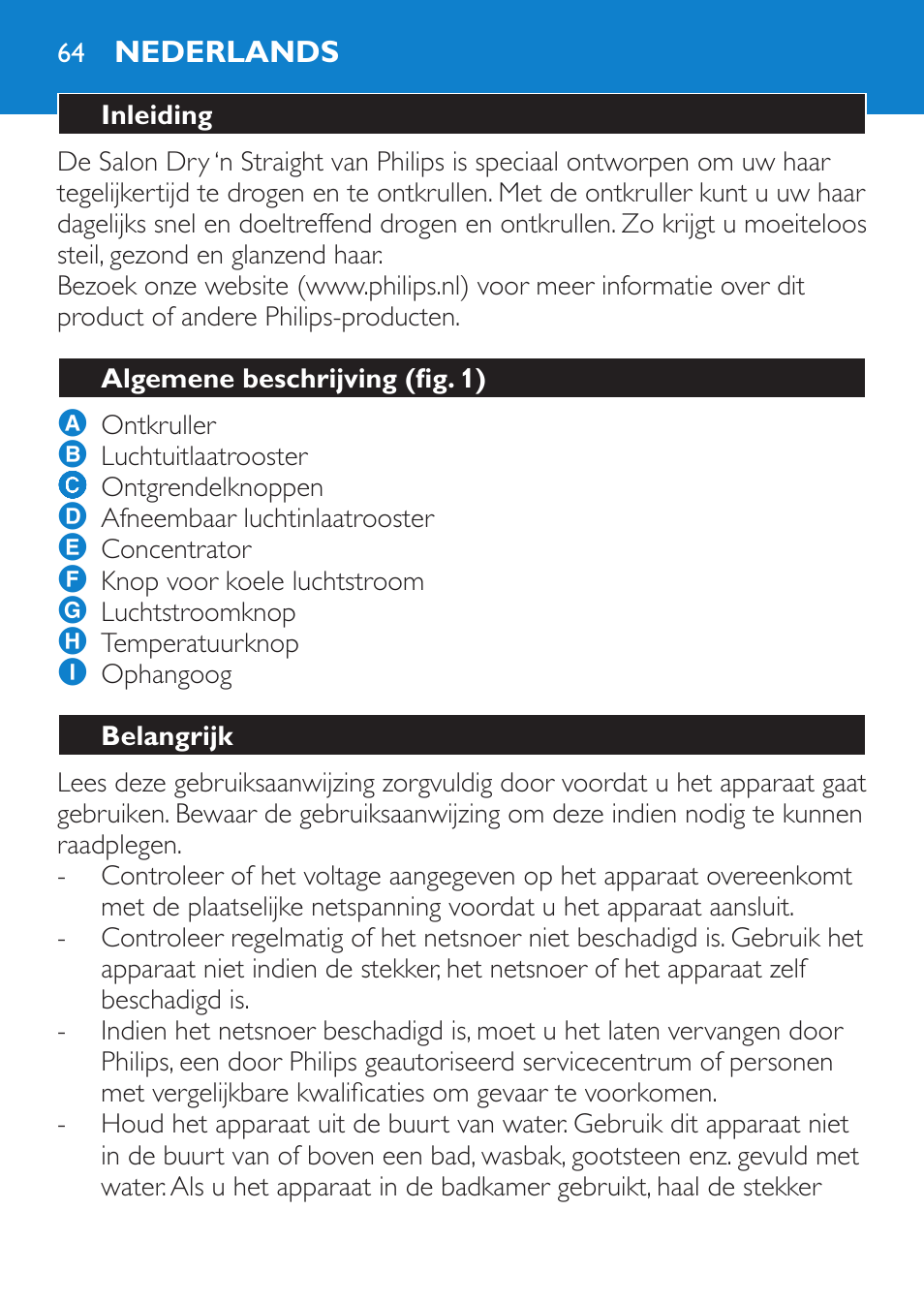 Nederlands, Inleiding, Algemene beschrijving (fig. 1) | Belangrijk | Philips SalonDry 'n Straight Sèche-cheveux User Manual | Page 64 / 104