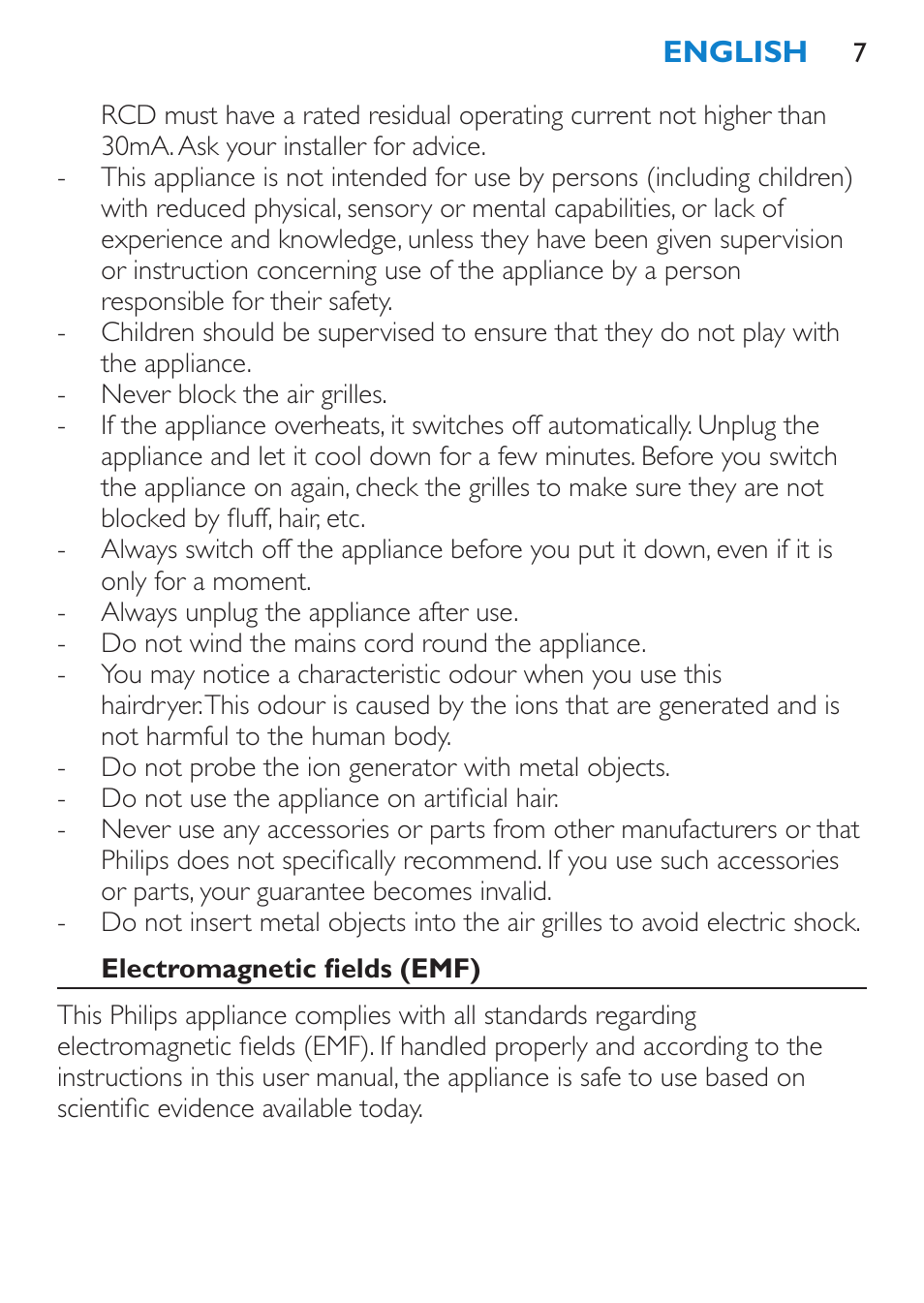 Electromagnetic fields (emf) | Philips SalonDry 'n Straight Sèche-cheveux User Manual | Page 7 / 104