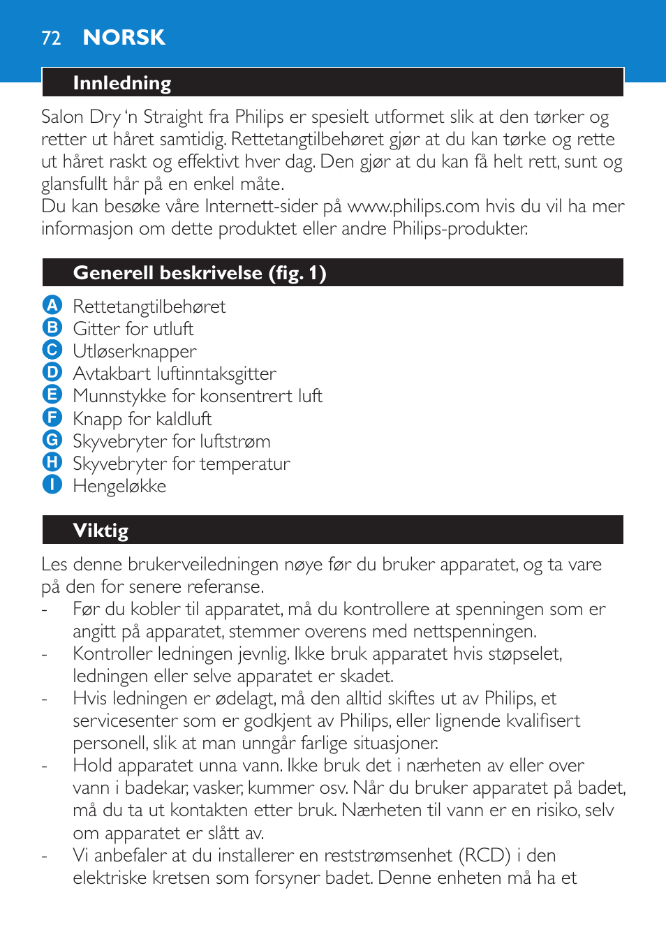 Norsk, Innledning, Generell beskrivelse (fig. 1) | Viktig | Philips SalonDry 'n Straight Sèche-cheveux User Manual | Page 72 / 104