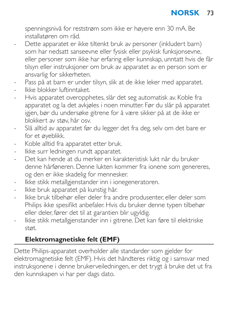 Elektromagnetiske felt (emf) | Philips SalonDry 'n Straight Sèche-cheveux User Manual | Page 73 / 104