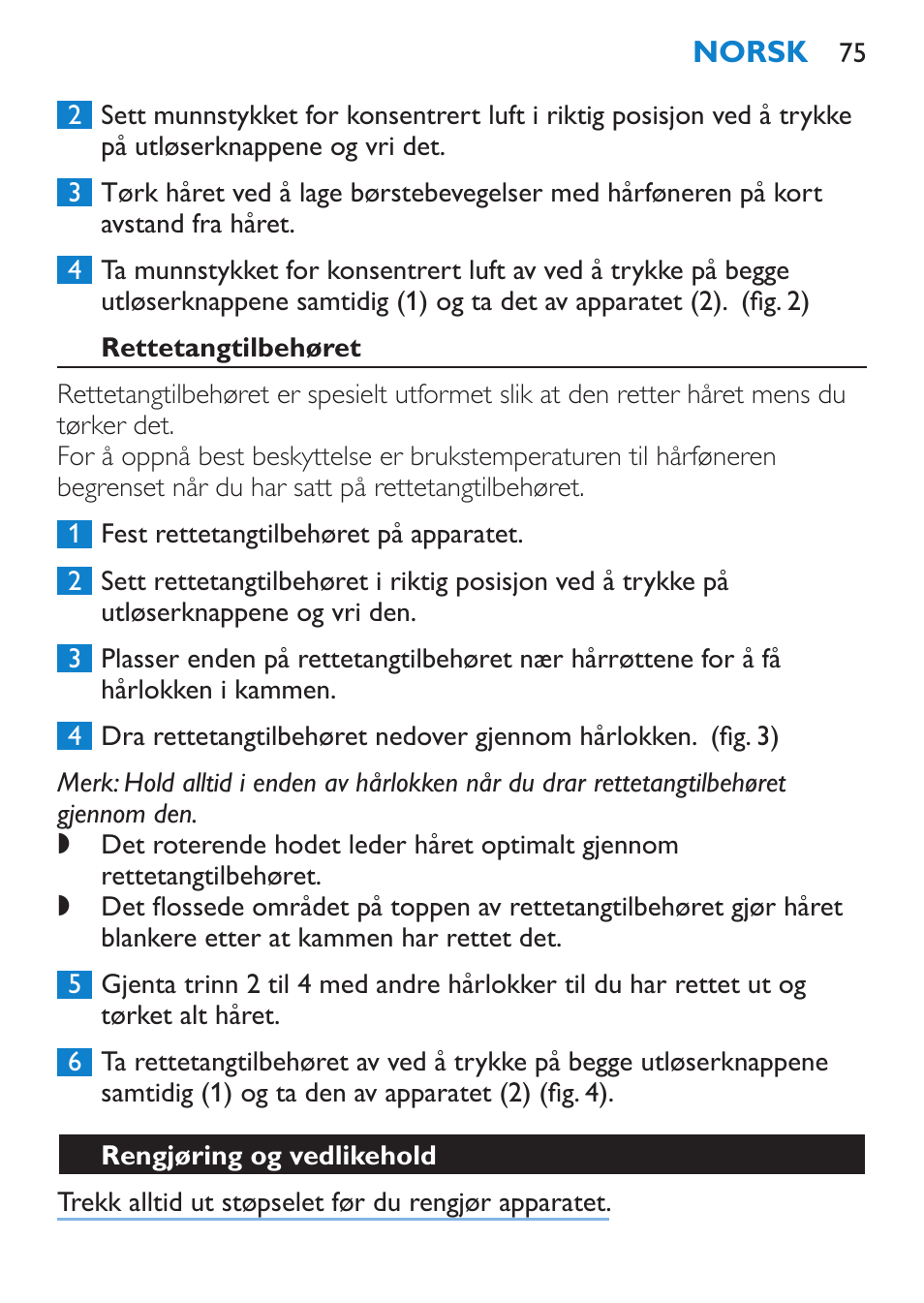 Rettetangtilbehøret, Rengjøring og vedlikehold | Philips SalonDry 'n Straight Sèche-cheveux User Manual | Page 75 / 104