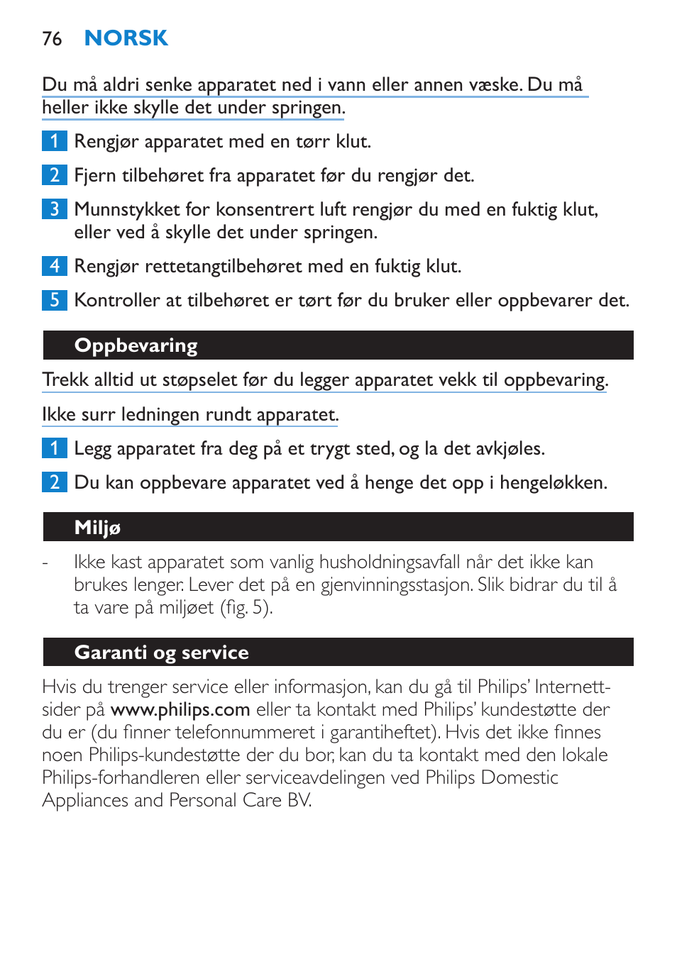 Oppbevaring, Miljø, Garanti og service | Philips SalonDry 'n Straight Sèche-cheveux User Manual | Page 76 / 104