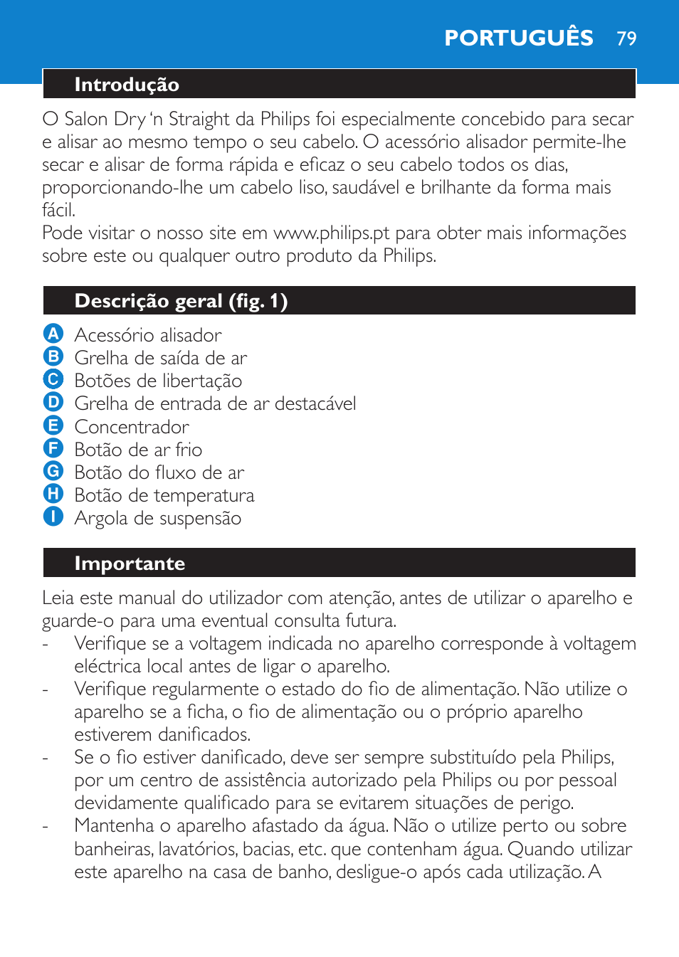 Português, Introdução, Descrição geral (fig. 1) | Importante | Philips SalonDry 'n Straight Sèche-cheveux User Manual | Page 79 / 104