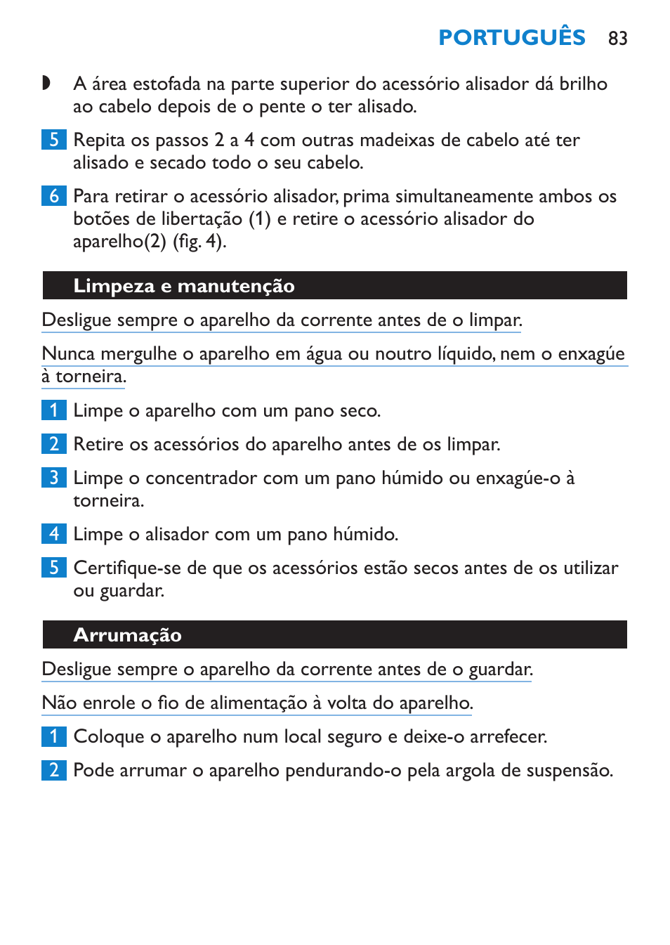 Limpeza e manutenção, Arrumação | Philips SalonDry 'n Straight Sèche-cheveux User Manual | Page 83 / 104