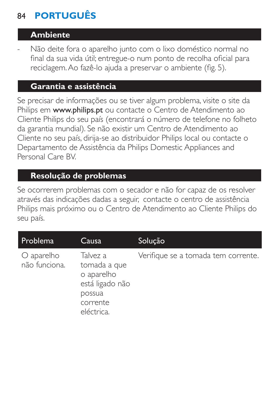 Ambiente, Garantia e assistência, Resolução de problemas | Philips SalonDry 'n Straight Sèche-cheveux User Manual | Page 84 / 104