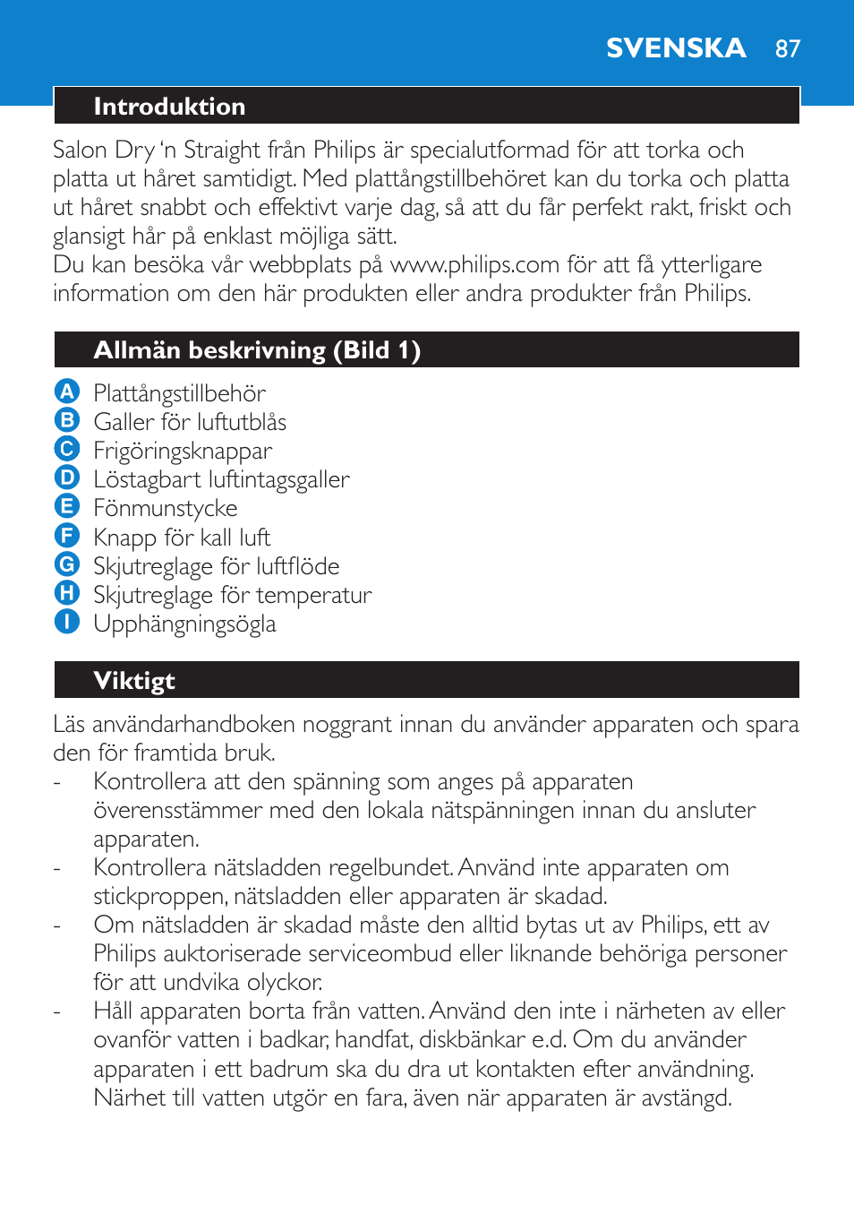 Svenska, Introduktion, Allmän beskrivning (bild 1) | Viktigt | Philips SalonDry 'n Straight Sèche-cheveux User Manual | Page 87 / 104