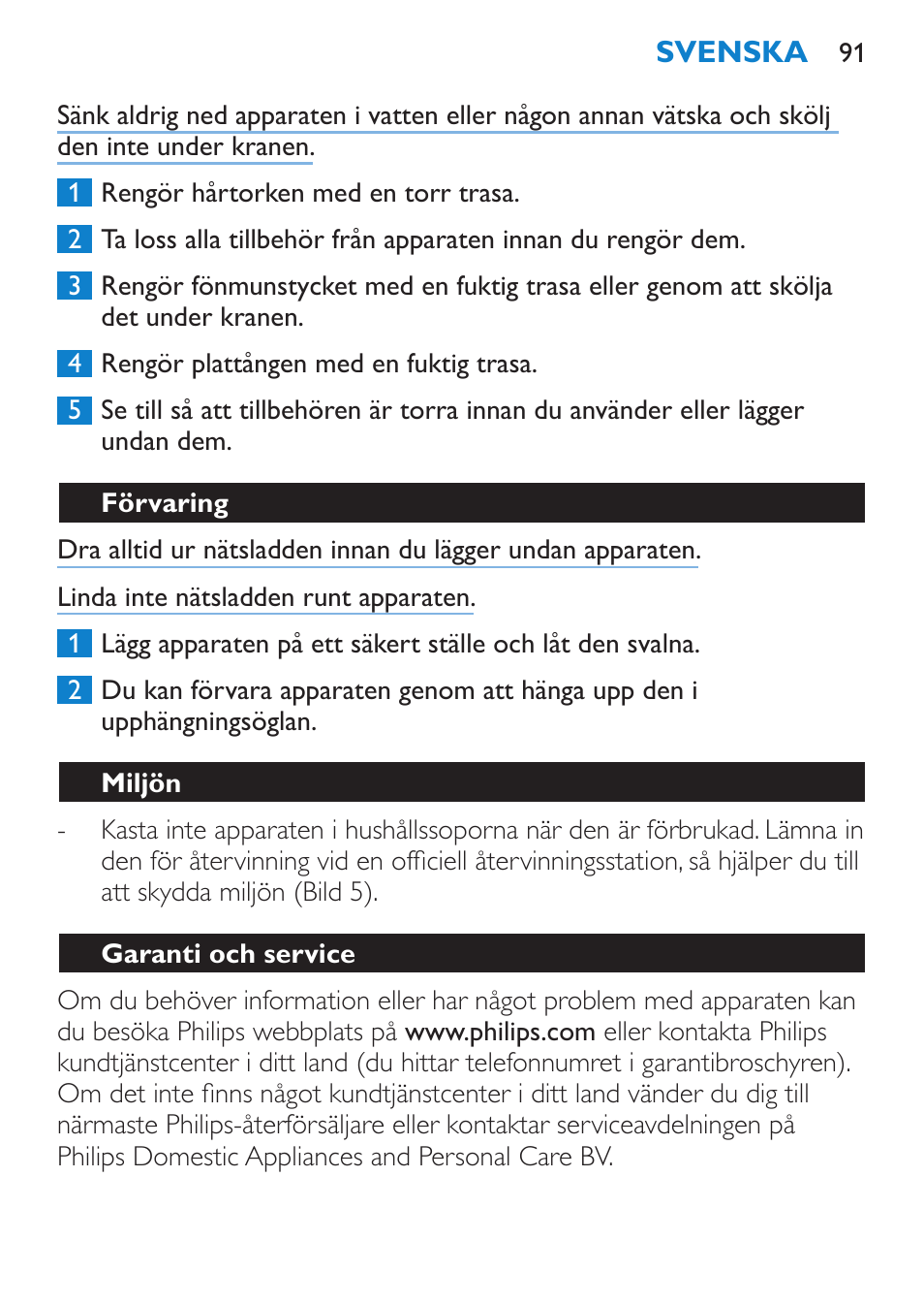 Förvaring, Miljön, Garanti och service | Philips SalonDry 'n Straight Sèche-cheveux User Manual | Page 91 / 104
