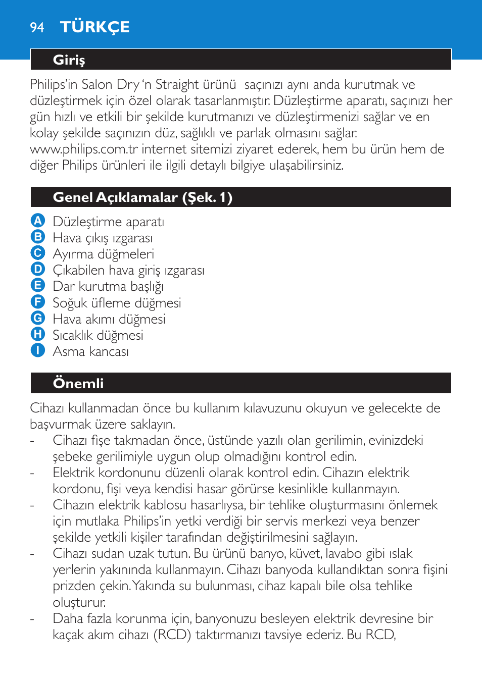 Türkçe, Giriş, Genel açıklamalar (şek. 1) | Önemli | Philips SalonDry 'n Straight Sèche-cheveux User Manual | Page 94 / 104