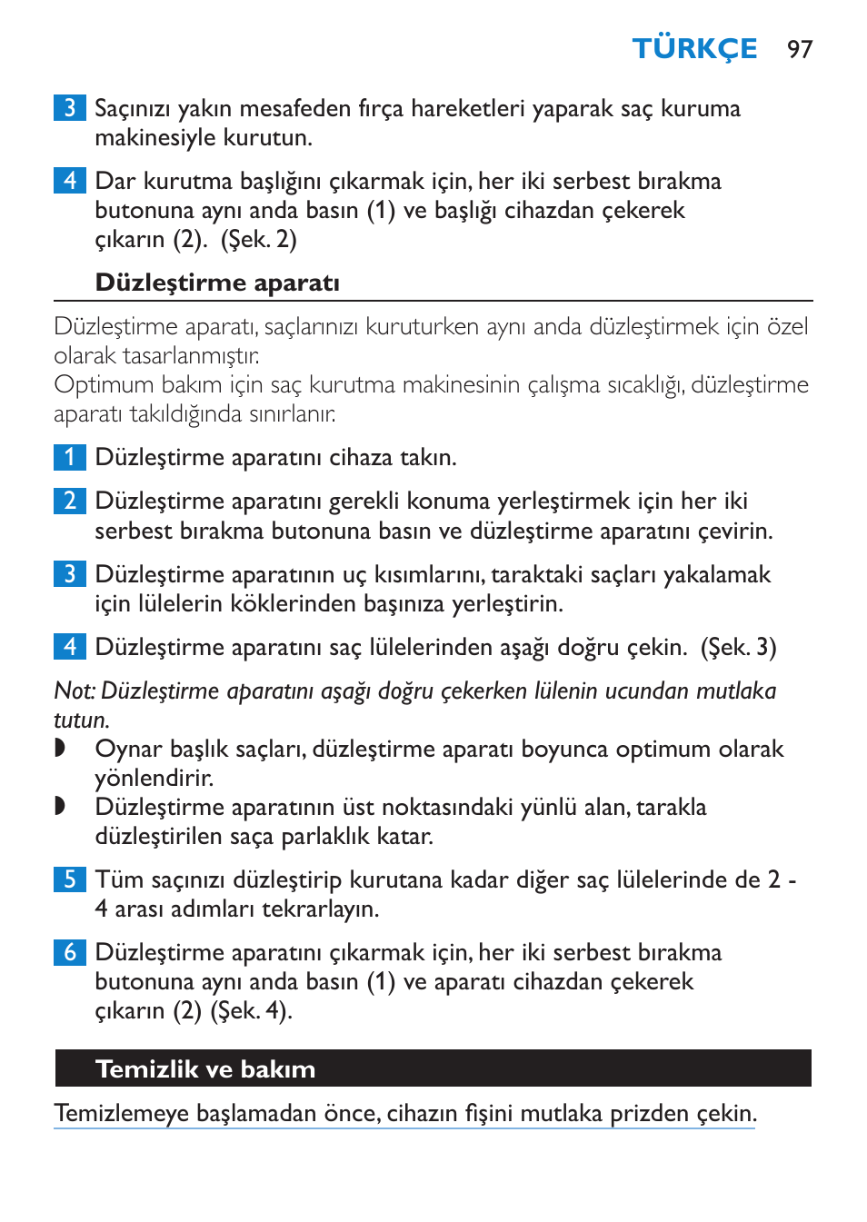 Düzleştirme aparatı, Temizlik ve bakım | Philips SalonDry 'n Straight Sèche-cheveux User Manual | Page 97 / 104