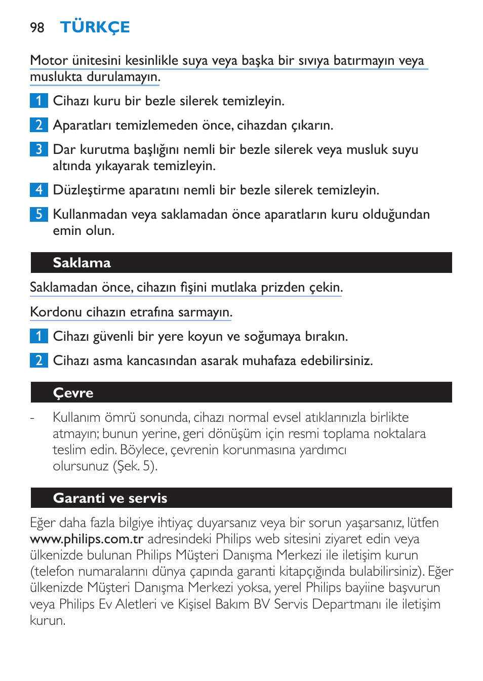 Saklama, Çevre, Garanti ve servis | Philips SalonDry 'n Straight Sèche-cheveux User Manual | Page 98 / 104