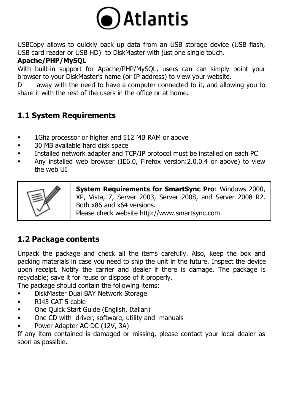 1 system requirements, 2 package contents | Atlantis DISKMASTER NAS65020 User Manual | Page 10 / 111