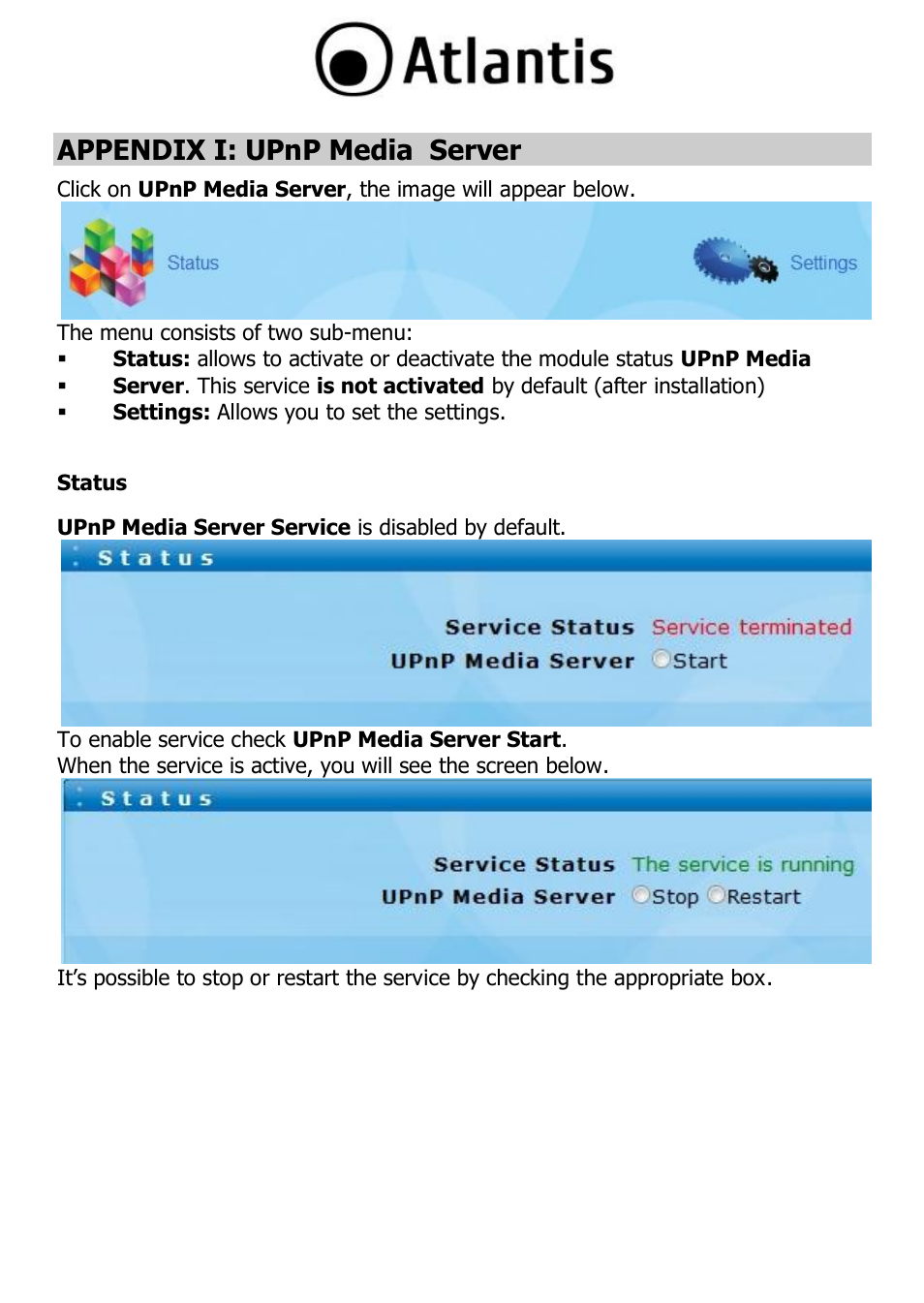 Appendix i: upnp media server, Status | Atlantis DISKMASTER NAS65020 User Manual | Page 103 / 111
