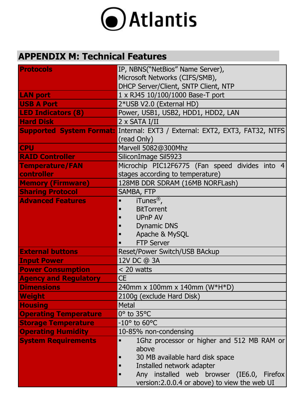 Appendix m: technical features | Atlantis DISKMASTER NAS65020 User Manual | Page 108 / 111