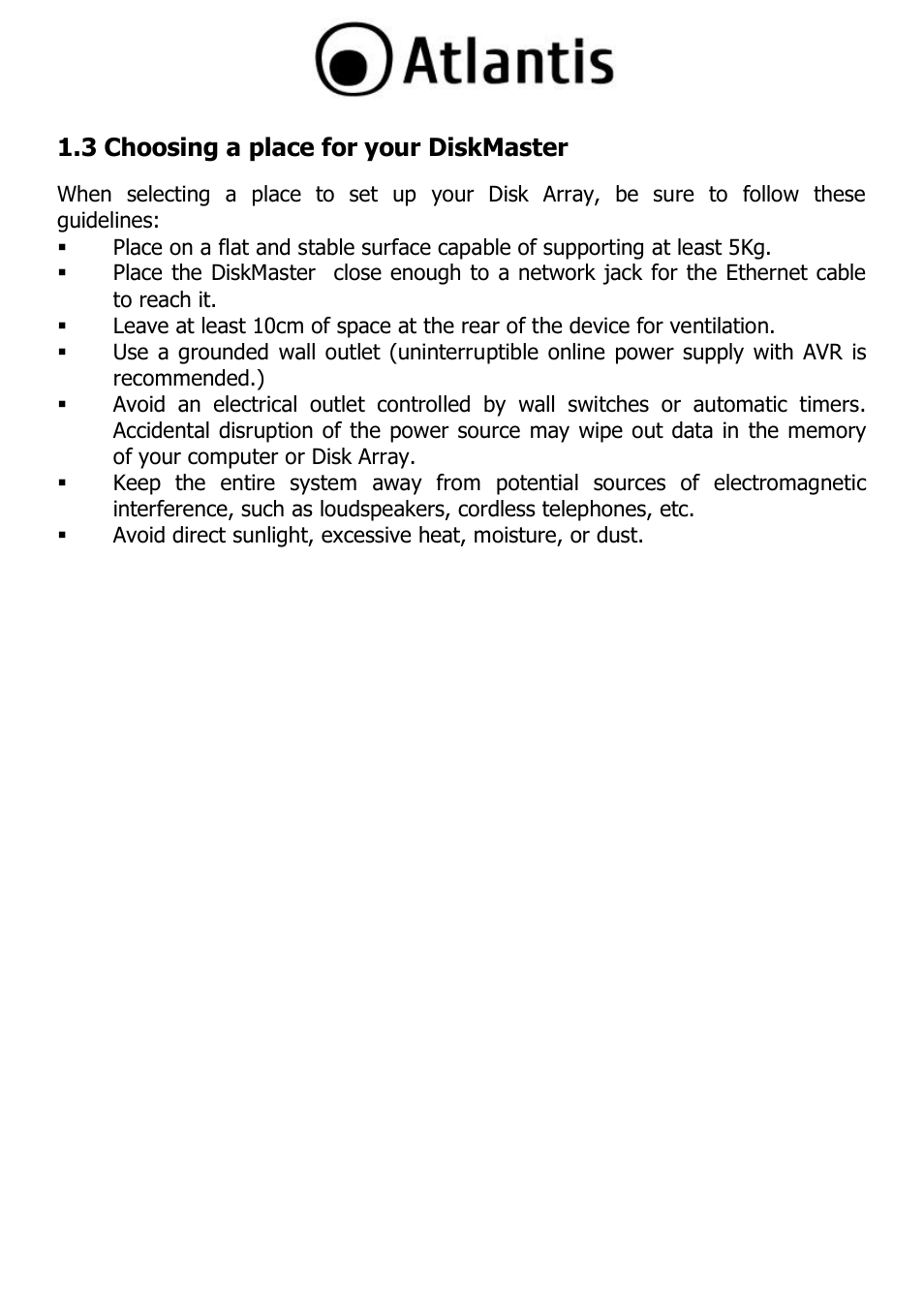3 choosing a place for your diskmaster | Atlantis DISKMASTER NAS65020 User Manual | Page 11 / 111