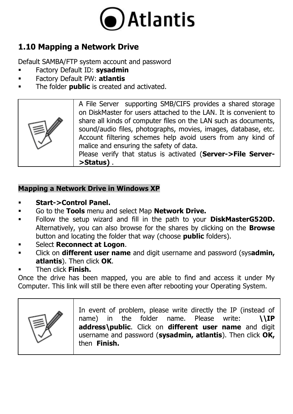 10 mapping a network drive, Mapping a network drive in windows xp | Atlantis DISKMASTER NAS65020 User Manual | Page 23 / 111