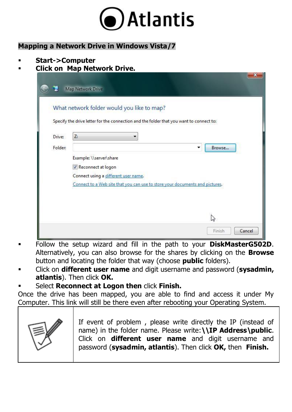 Mapping a network drive in windows vista/7 | Atlantis DISKMASTER NAS65020 User Manual | Page 24 / 111
