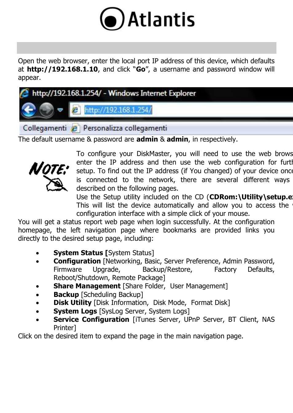 Web configuration | Atlantis DISKMASTER NAS65020 User Manual | Page 25 / 111