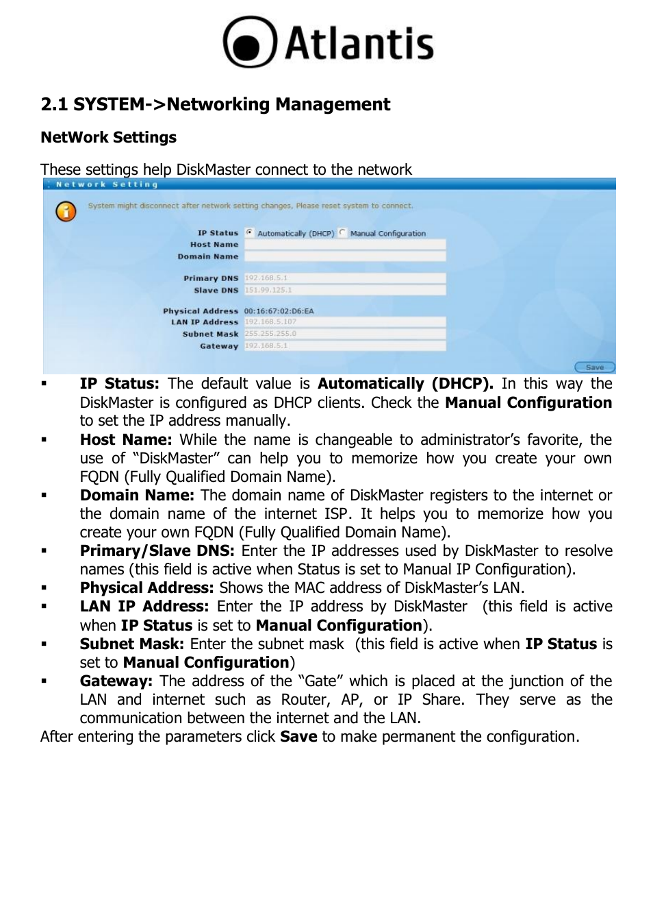 1 system->networking management, Network settings, 1 system->networking management network settings | Atlantis DISKMASTER NAS65020 User Manual | Page 29 / 111