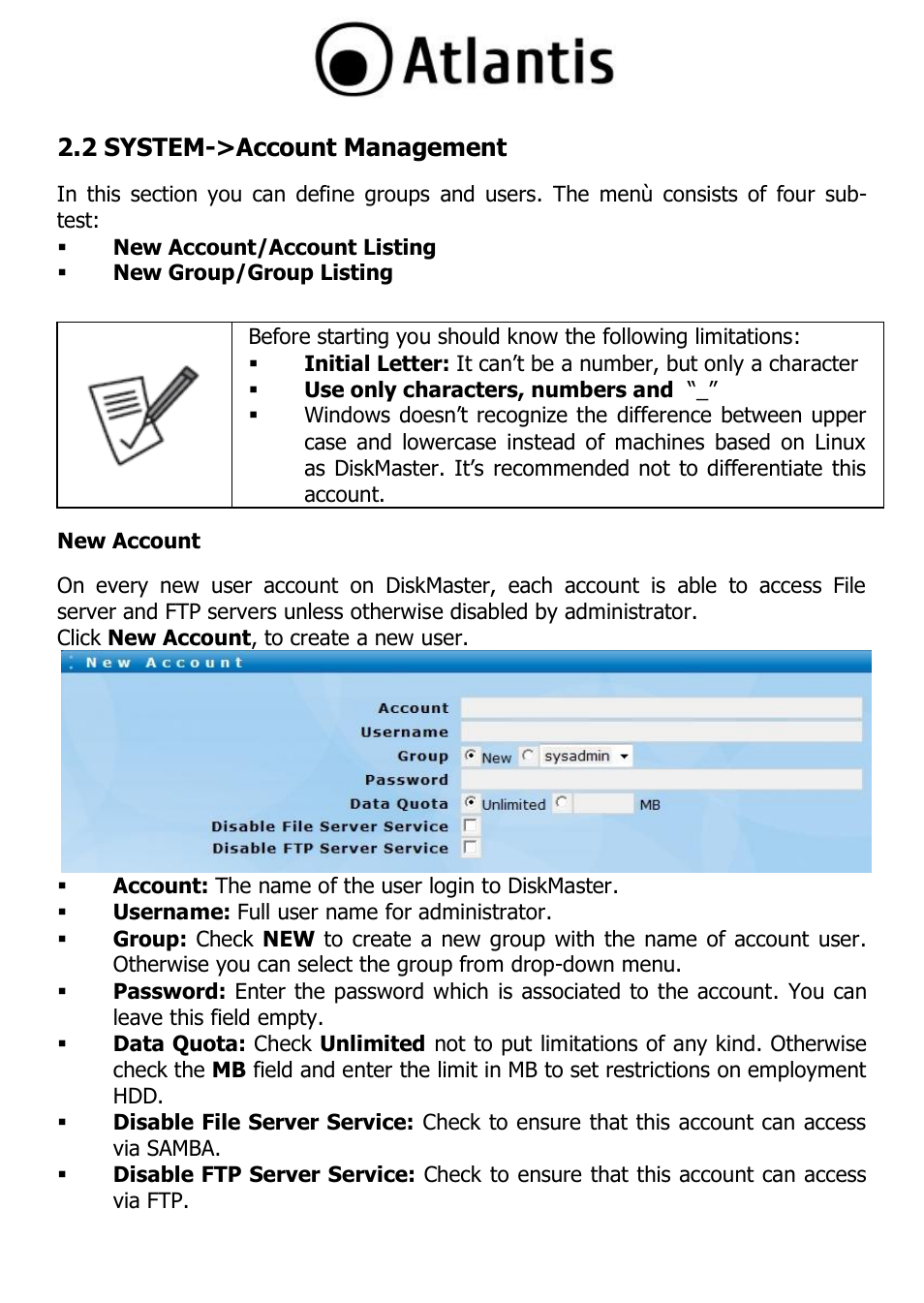 2 system->account management, New account, New account 31 | Atlantis DISKMASTER NAS65020 User Manual | Page 31 / 111