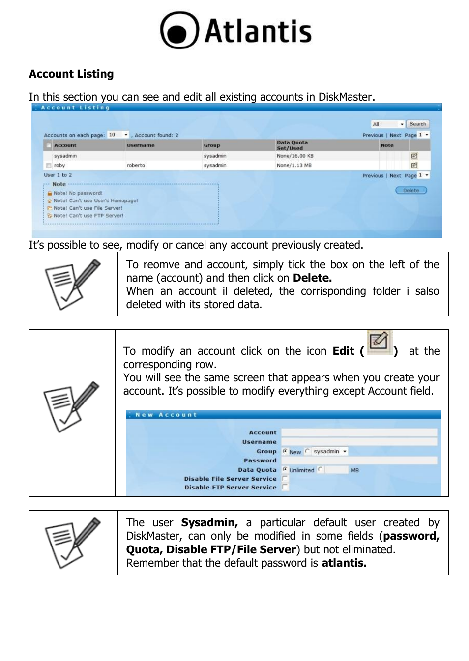 Account listing | Atlantis DISKMASTER NAS65020 User Manual | Page 34 / 111