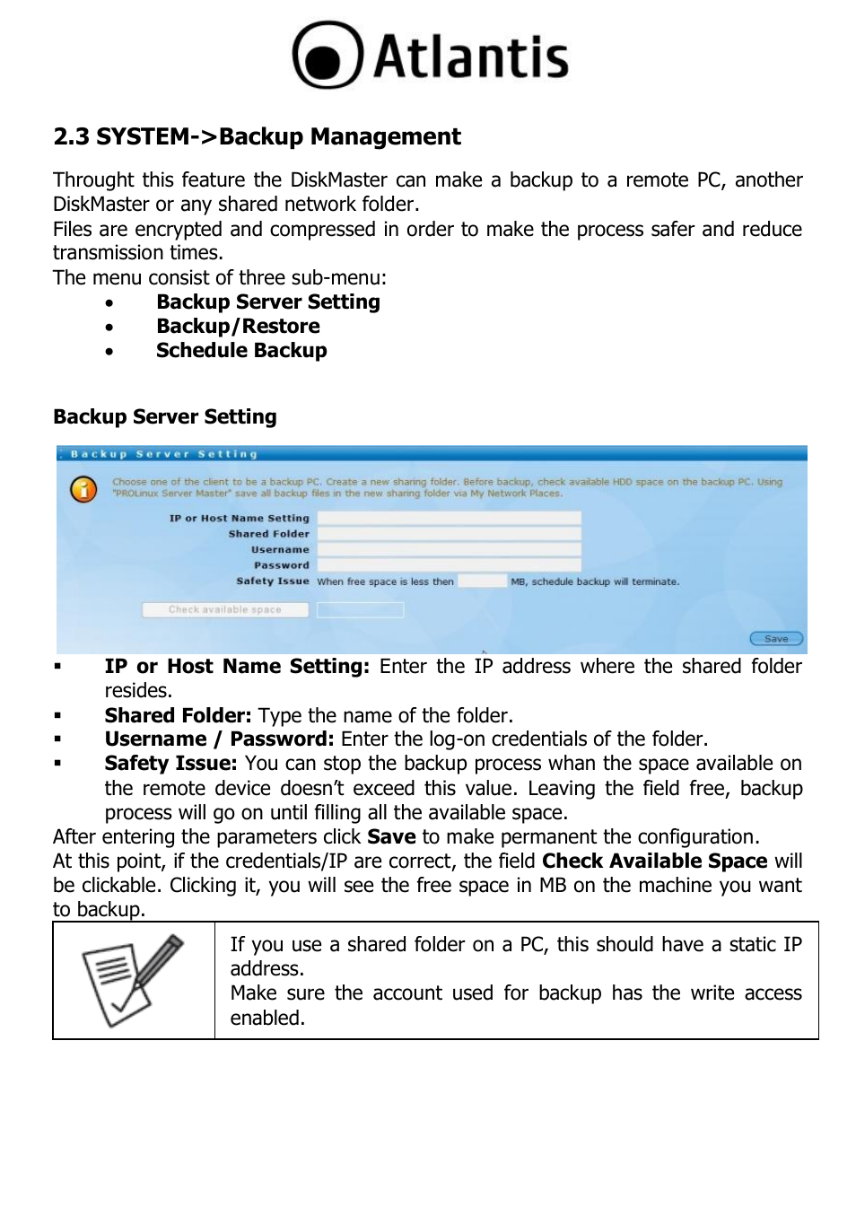 3 system->backup management, Backup server setting, 3 system->backup management backup server setting | Atlantis DISKMASTER NAS65020 User Manual | Page 38 / 111