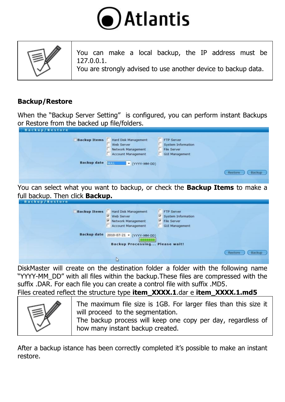 Backup/restore | Atlantis DISKMASTER NAS65020 User Manual | Page 39 / 111