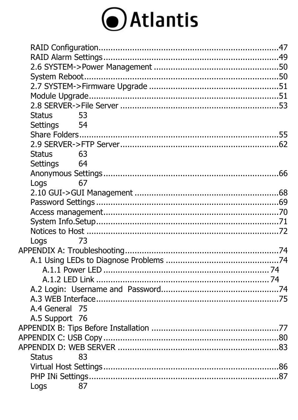 Atlantis DISKMASTER NAS65020 User Manual | Page 4 / 111