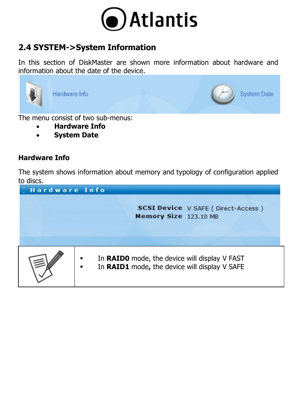 4 system->system information, Hardware info, 4 system->system information hardware info | Atlantis DISKMASTER NAS65020 User Manual | Page 42 / 111