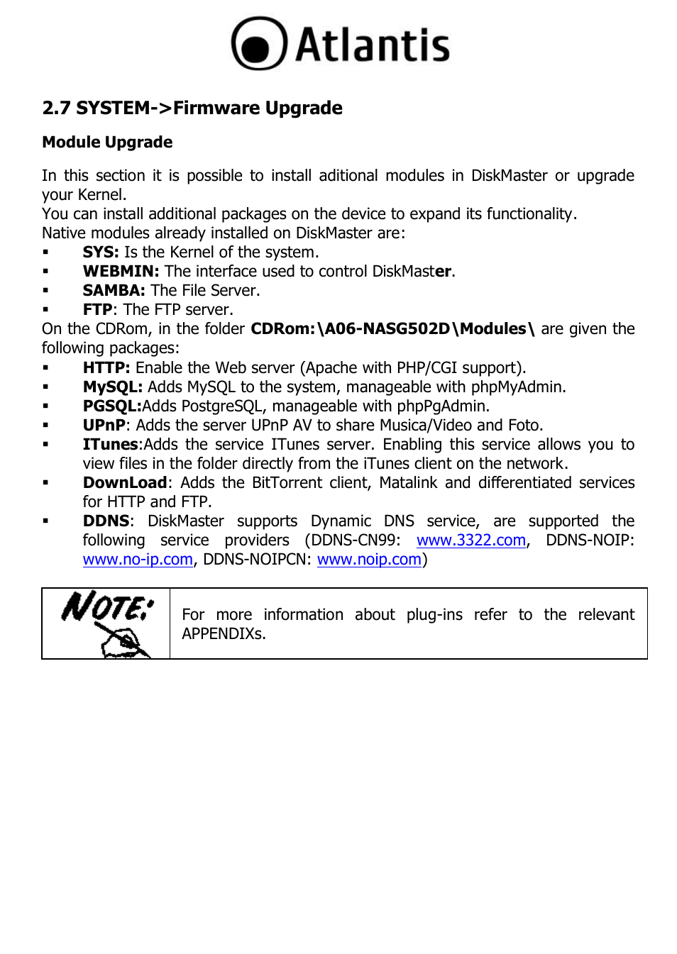 7 system->firmware upgrade, Module upgrade, 7 system->firmware upgrade module upgrade | 51 2.7 system->firmware upgrade | Atlantis DISKMASTER NAS65020 User Manual | Page 51 / 111