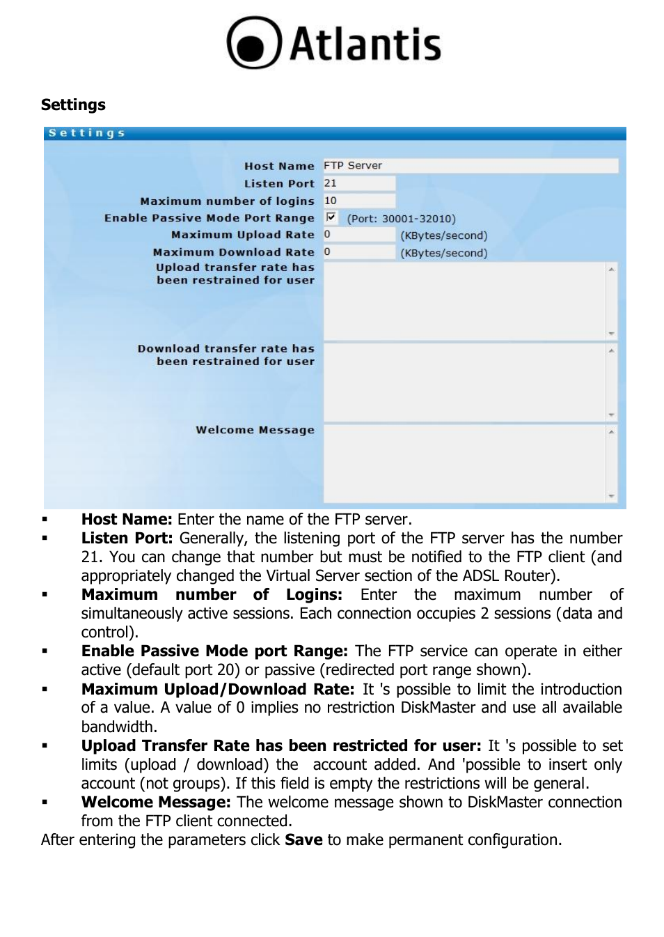 Settings | Atlantis DISKMASTER NAS65020 User Manual | Page 64 / 111