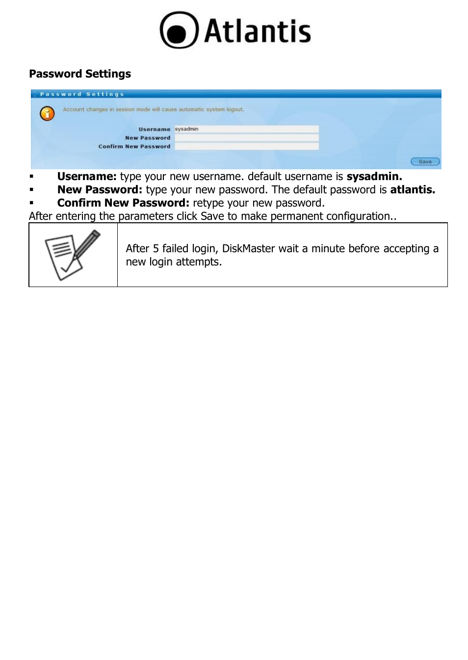 Password settings | Atlantis DISKMASTER NAS65020 User Manual | Page 69 / 111