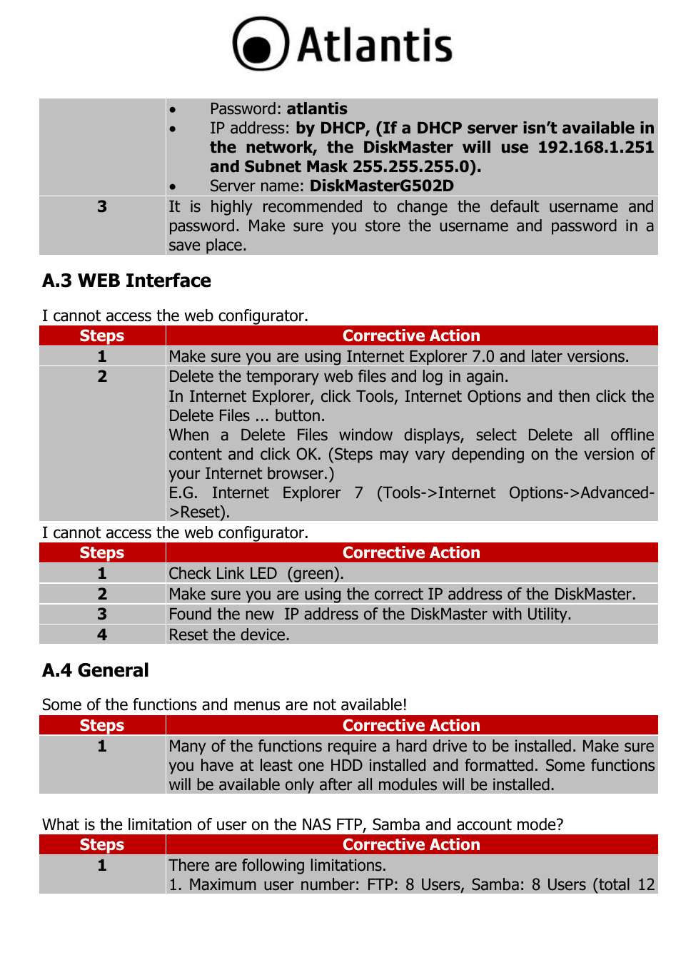 A.3 web interface, A.4 general, A.4 general 75 | Atlantis DISKMASTER NAS65020 User Manual | Page 75 / 111