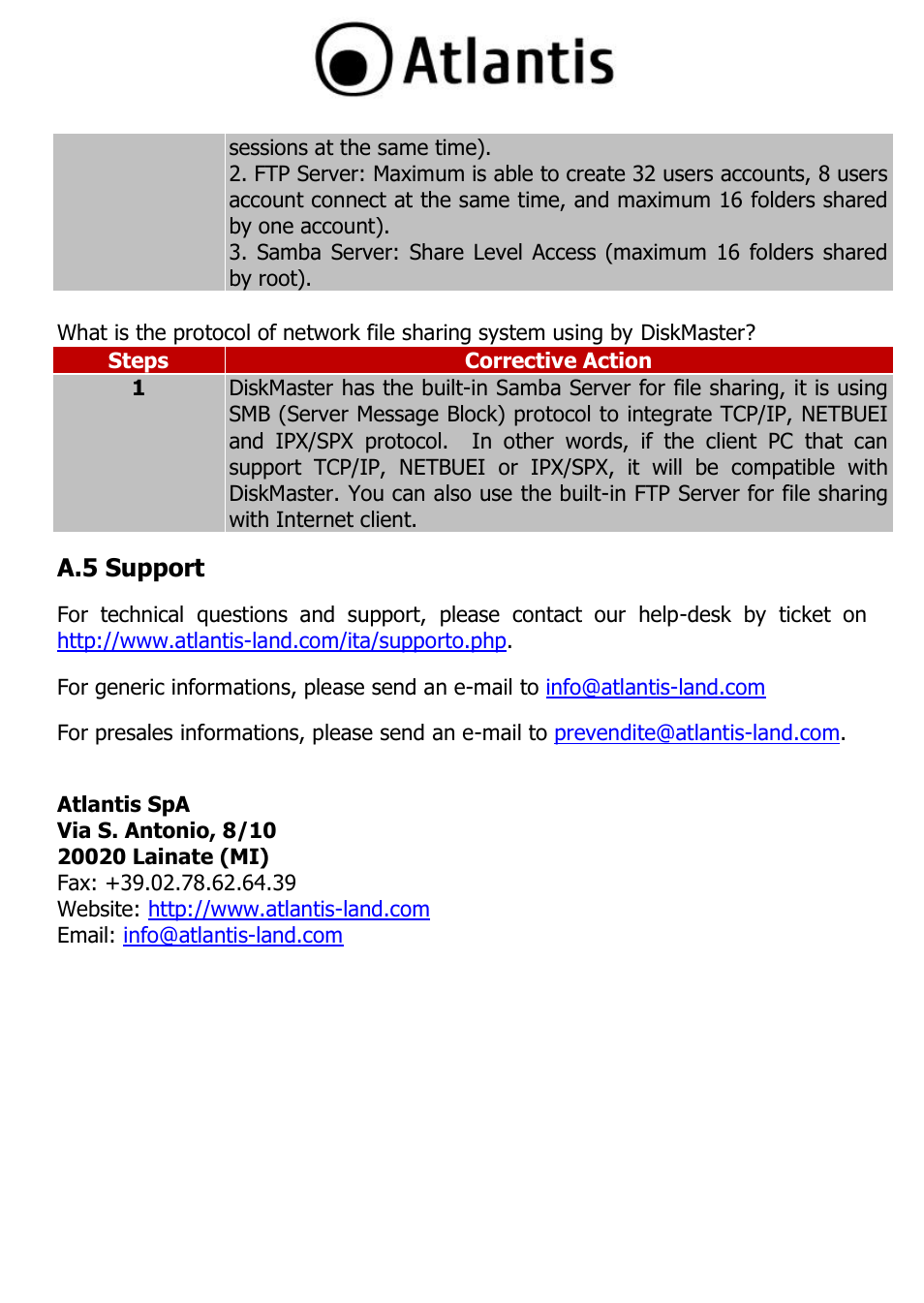 A.5 support, A.5 support 76 | Atlantis DISKMASTER NAS65020 User Manual | Page 76 / 111