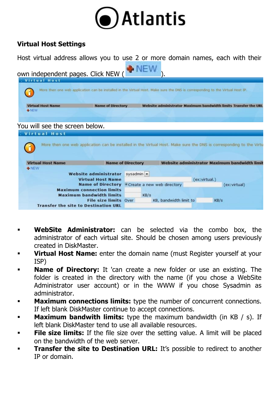 Virtual host settings | Atlantis DISKMASTER NAS65020 User Manual | Page 86 / 111