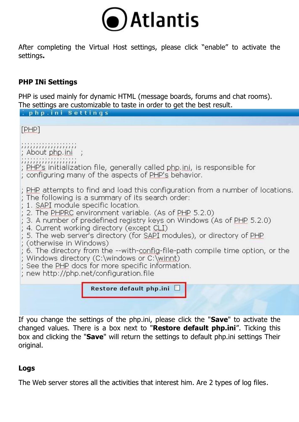 Php ini settings, Logs | Atlantis DISKMASTER NAS65020 User Manual | Page 87 / 111