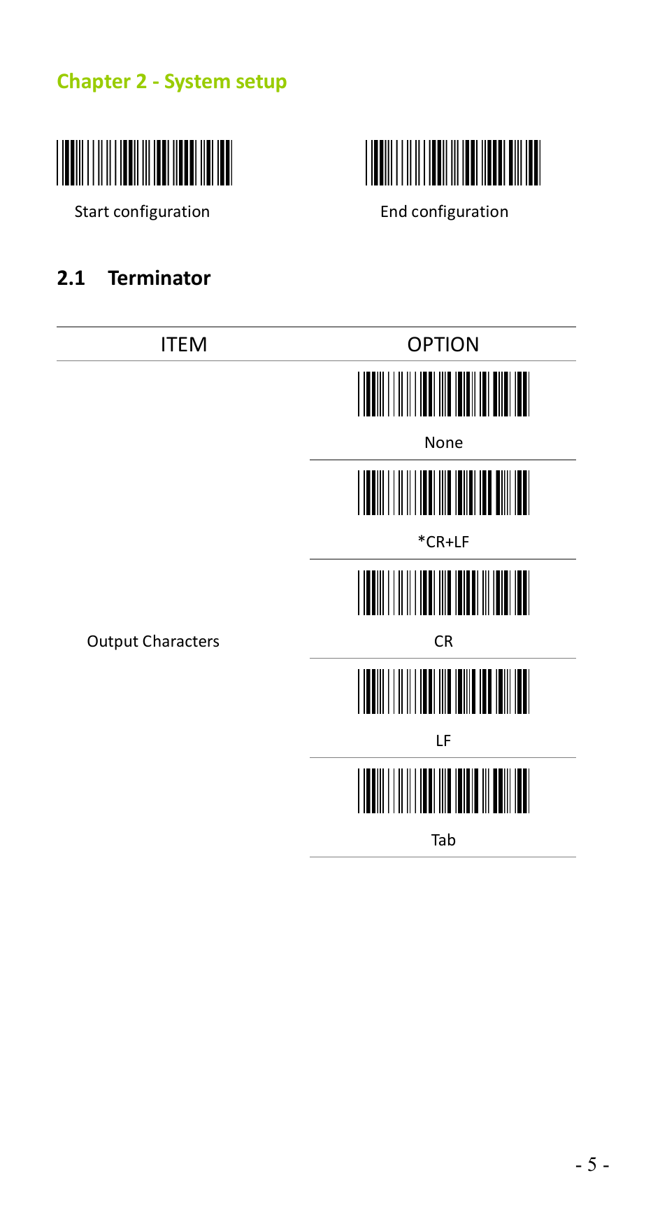 Chapter 2 - system setup, 1 terminator, Item option | Atlantis BL-6000ZB User Manual | Page 5 / 54