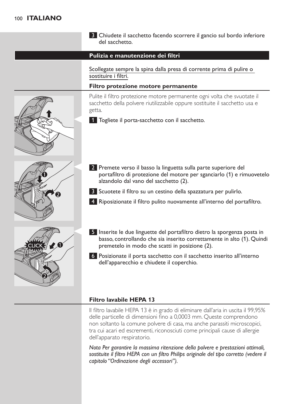 Pulizia e manutenzione dei filtri, Filtro protezione motore permanente, Filtro lavabile hepa 13 | Philips SilentStar Aspirateur avec sac User Manual | Page 100 / 166