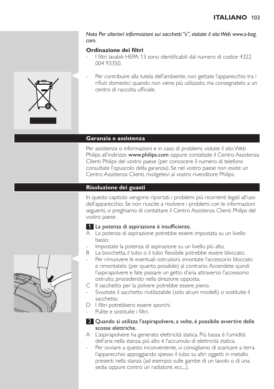 Ordinazione dei sacchetti raccoglipolvere, Ordinazione dei filtri, Ordinazione degli accessori | Philips SilentStar Aspirateur avec sac User Manual | Page 103 / 166