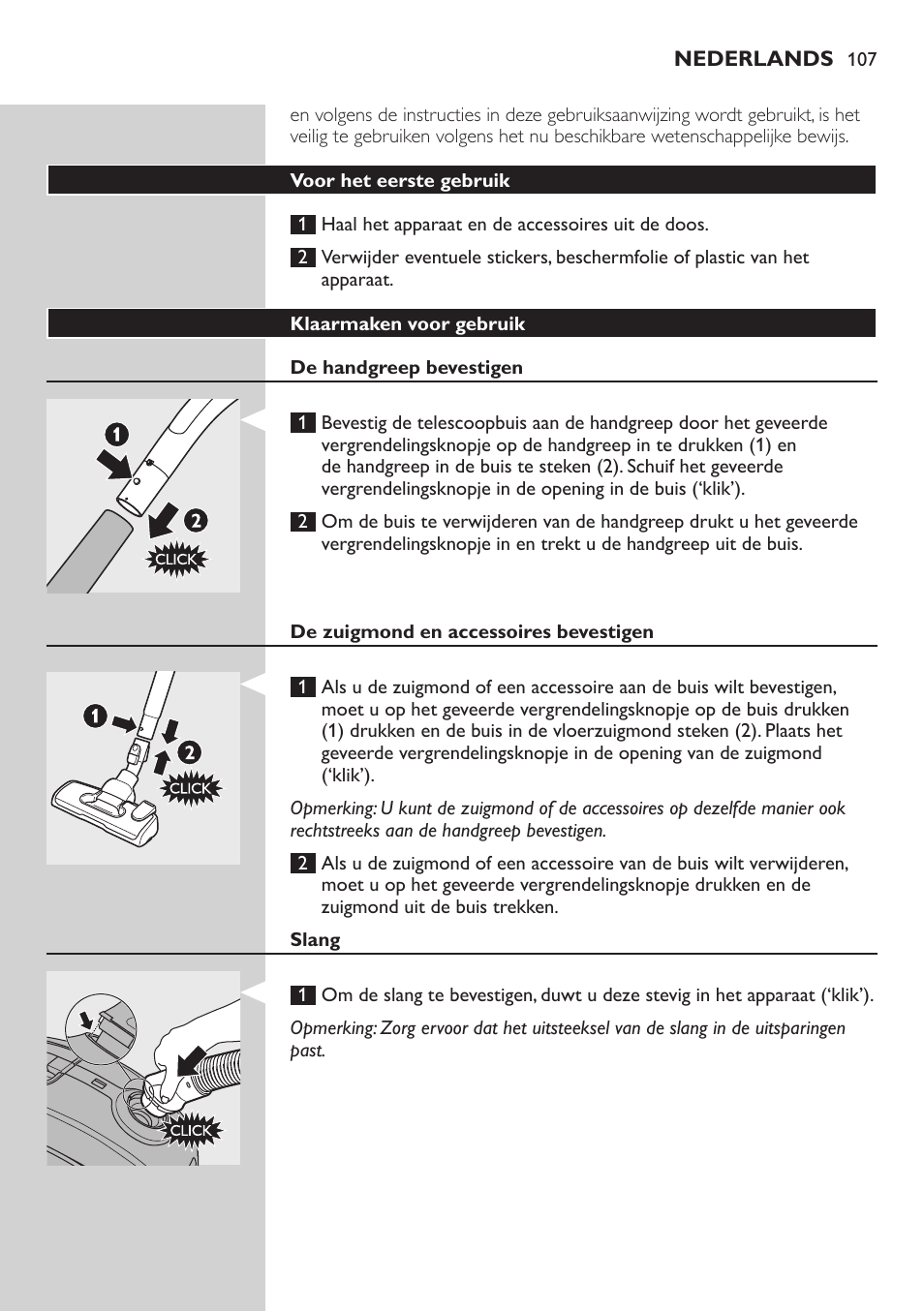 Voor het eerste gebruik, Klaarmaken voor gebruik, De handgreep bevestigen | De zuigmond en accessoires bevestigen, Slang | Philips SilentStar Aspirateur avec sac User Manual | Page 107 / 166