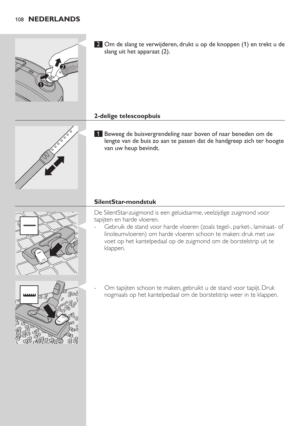 Delige telescoopbuis, Silentstar-mondstuk | Philips SilentStar Aspirateur avec sac User Manual | Page 108 / 166